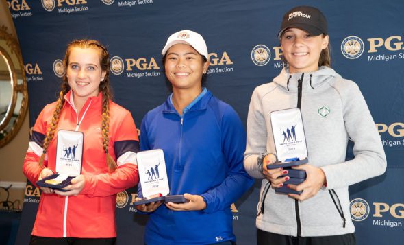 BLOOMFIELD HILLS, MI - OCTOBER 05: Girls 14-15 Drive, Chip and Putt Regional Championships overall winners (L-R) third place Madison Bajis from Lakeport Michigan Mia Raines from Galena Ohio and first place Kate Brody from Grand Blanc Michigan pose at Oakland Hills Country Club on October 5, 2019 in Bloomfield Hills, Michigan. (Photo by Leon Halip/Getty Images for DC&P Championship) *** Local Caption *** Madison Bajis; Mia Raines; Kate Brody